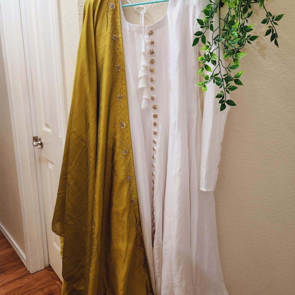 White and Olive Green Embellished Dress